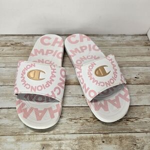 Champion Womens Size 7 Pink And White All Over Print Slip On Slide Sandals/Shoes